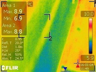 איתור נזילות מים - תמונה ממצלמה תרמית שהצבעים שבה אינם נכונים בעקבות כיוון שגוי בהתאם למיקום